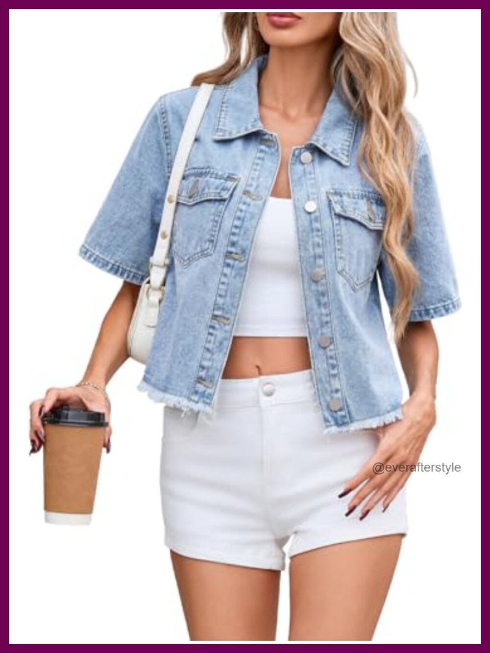 Women's Cropped Denim Jacket Short Sleeve Frayed Hem Casual Jean Jacket Summer